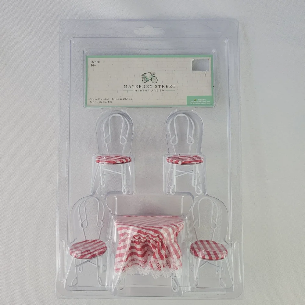 Miniature Red Gingham Soda Fountain White Table & 4 Chairs Doll House Furniture